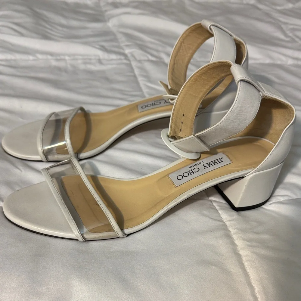 Jimmy Choo Jaimie 40 White Leather and PVC Block Heel Sandals Sz 39.5/ 9 - Picture 1 of 8